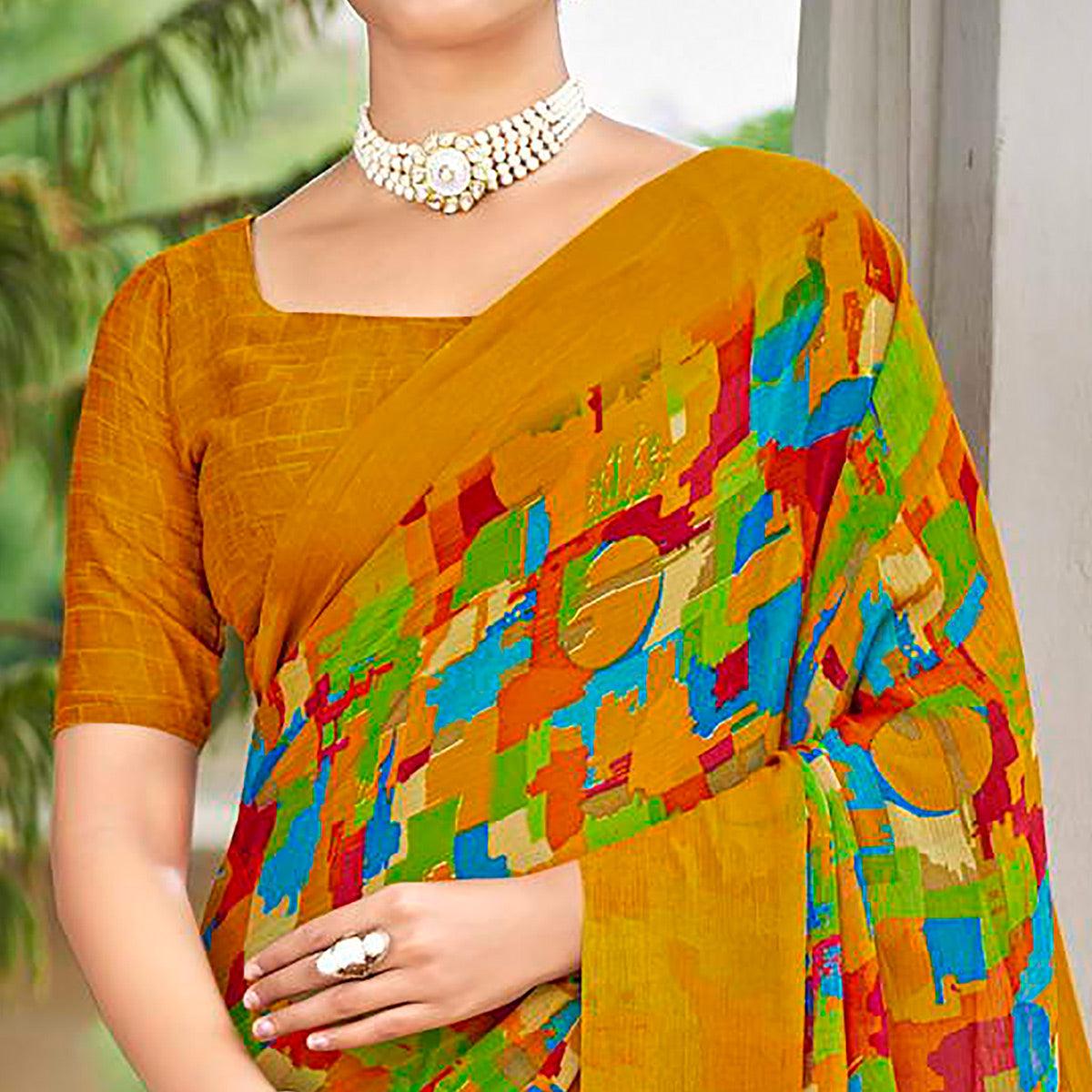 Mustard Geometric Printed Chiffon Saree - Peachmode