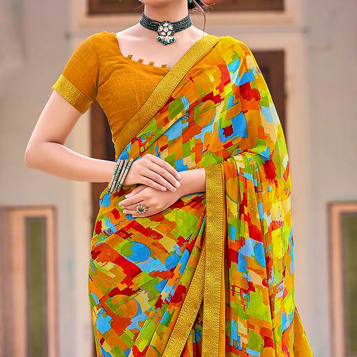 Mustard Geometric Printed Chiffon Saree - Peachmode