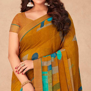 Mustard Geometric Printed Chiffon Saree - Peachmode