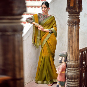 Mustard-Green Partywear Printed Georgette Saree With Gold Zari - Peachmode