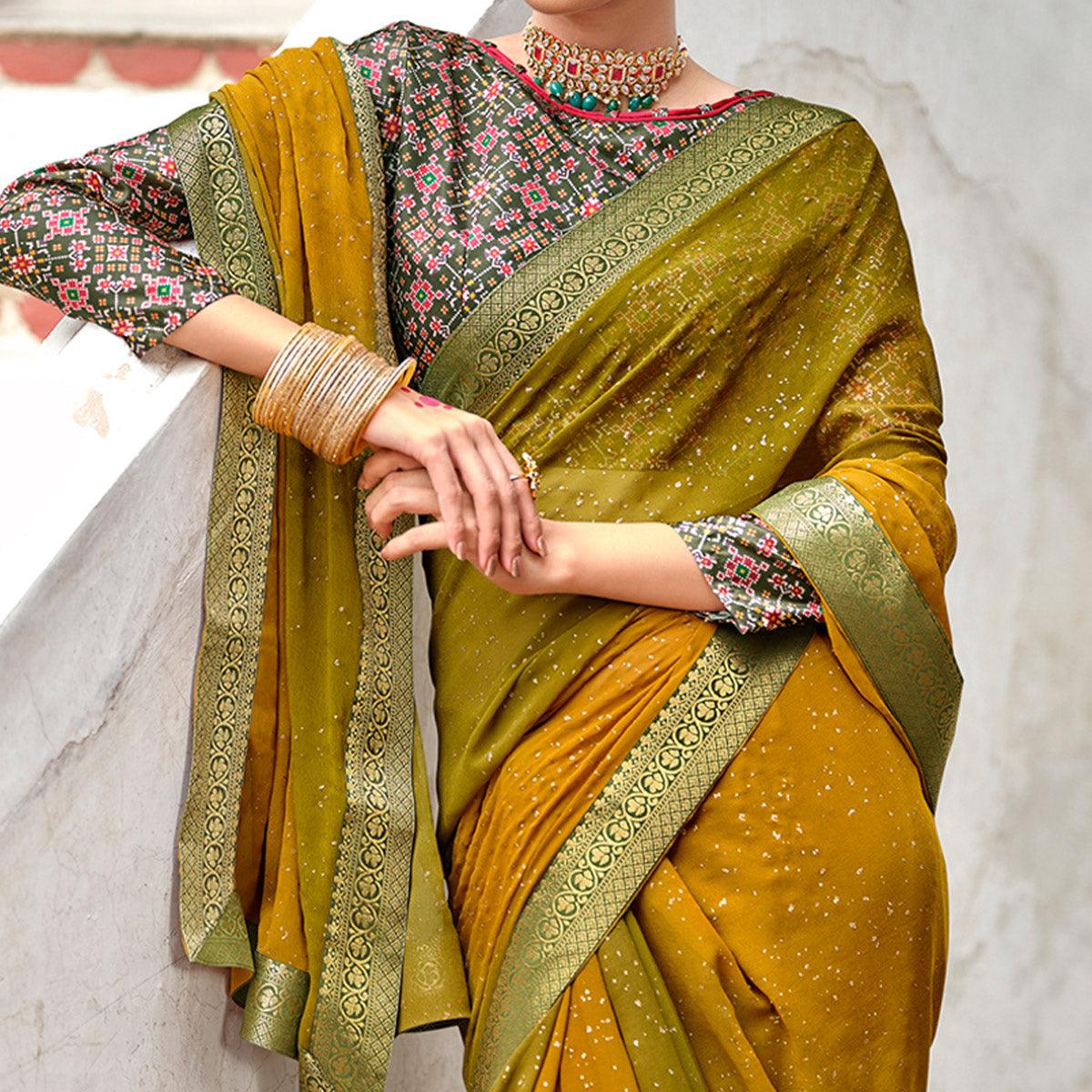 Mustard-Green Partywear Printed Georgette Saree With Gold Zari - Peachmode