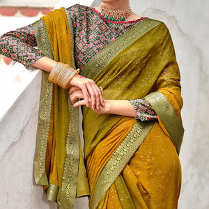 Mustard-Green Partywear Printed Georgette Saree With Gold Zari - Peachmode
