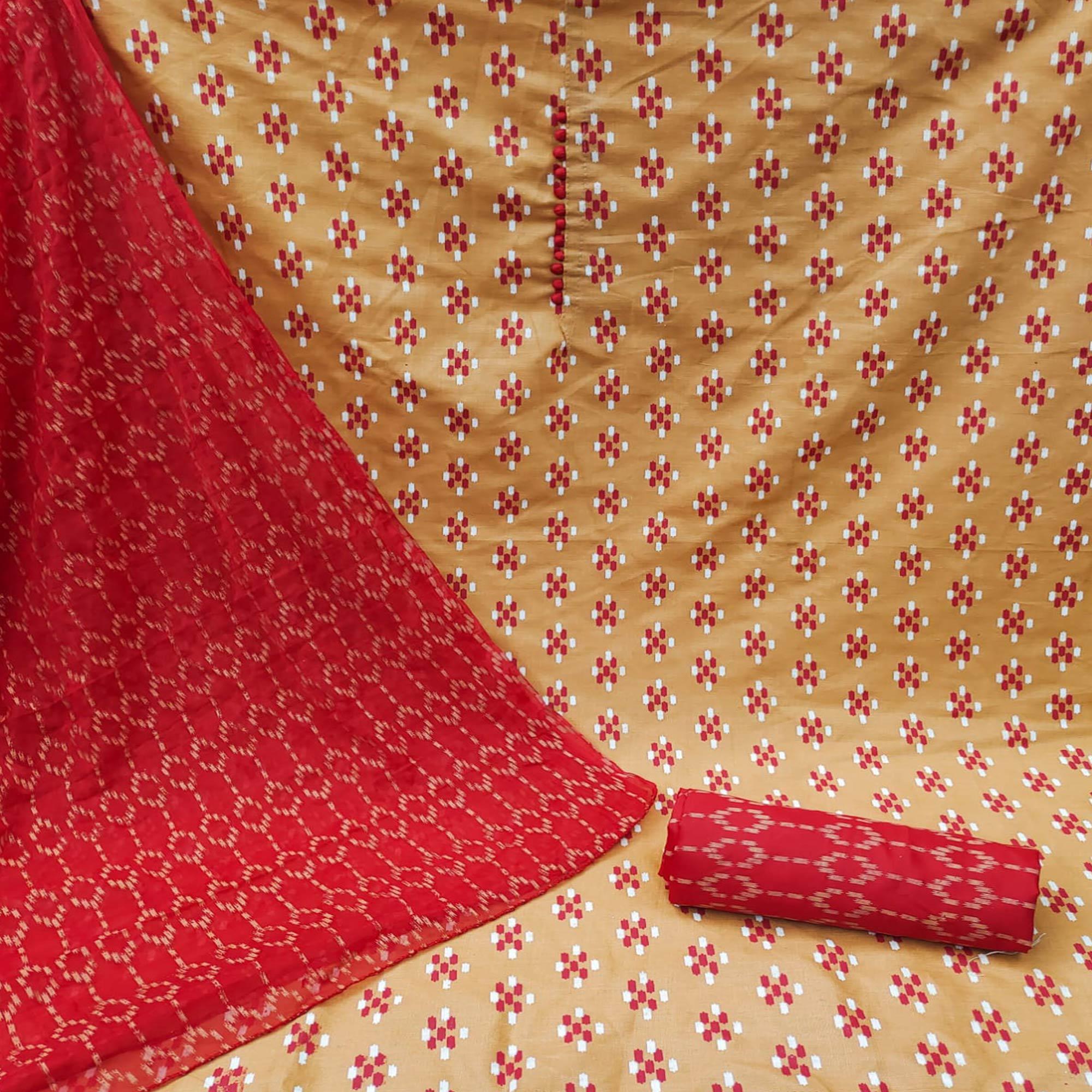 Mustard Ikkat Printed Poly Cotton Dress Material - Peachmode