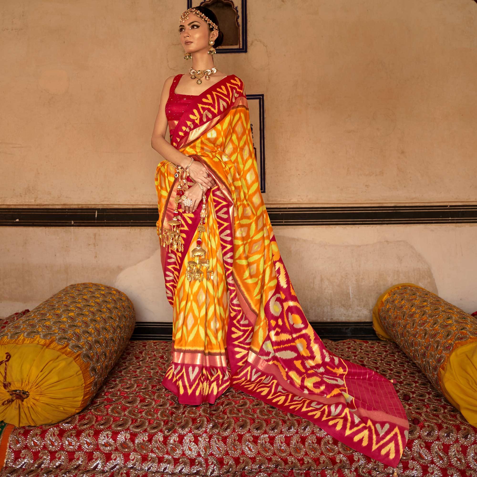 Mustard Ikkat Printed-Woven Patola Art Silk Saree - Peachmode