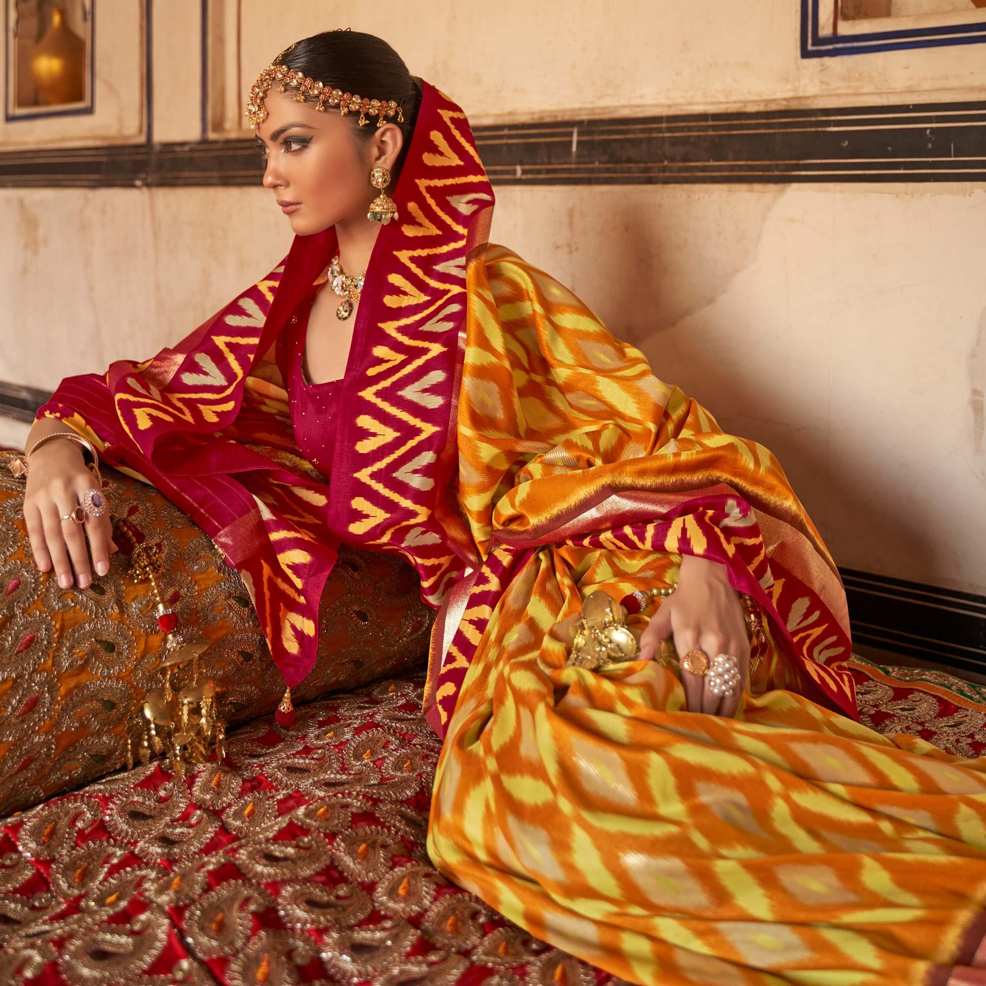 Mustard Ikkat Printed-Woven Patola Art Silk Saree - Peachmode