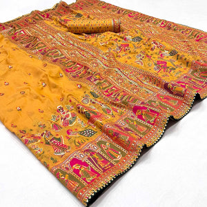 Mustard Kalamkari Woven Chanderi Saree - Peachmode