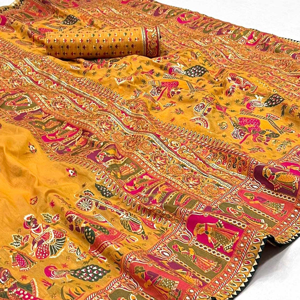 Mustard Kalamkari Woven Chanderi Saree - Peachmode