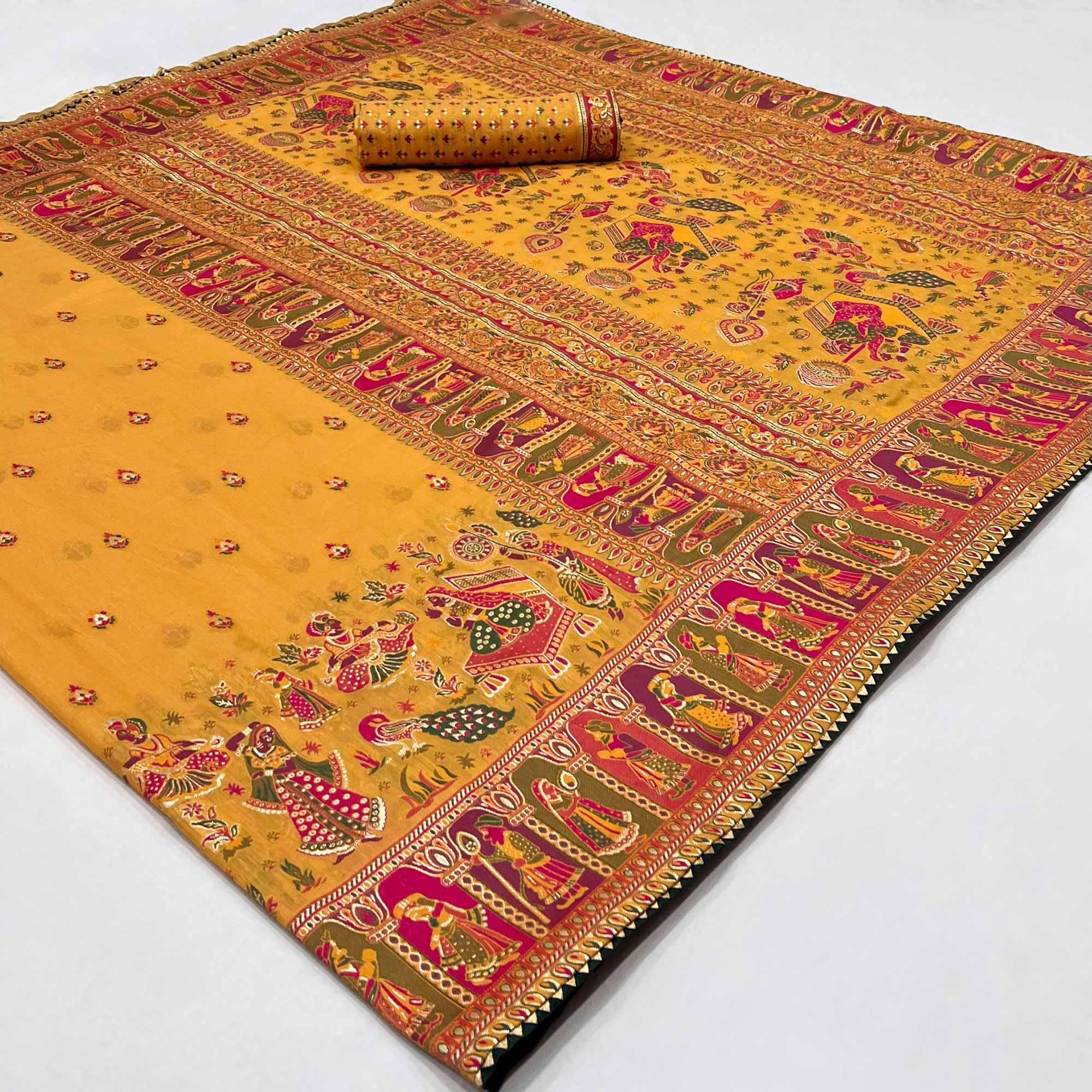 Mustard Kalamkari Woven Chanderi Saree - Peachmode