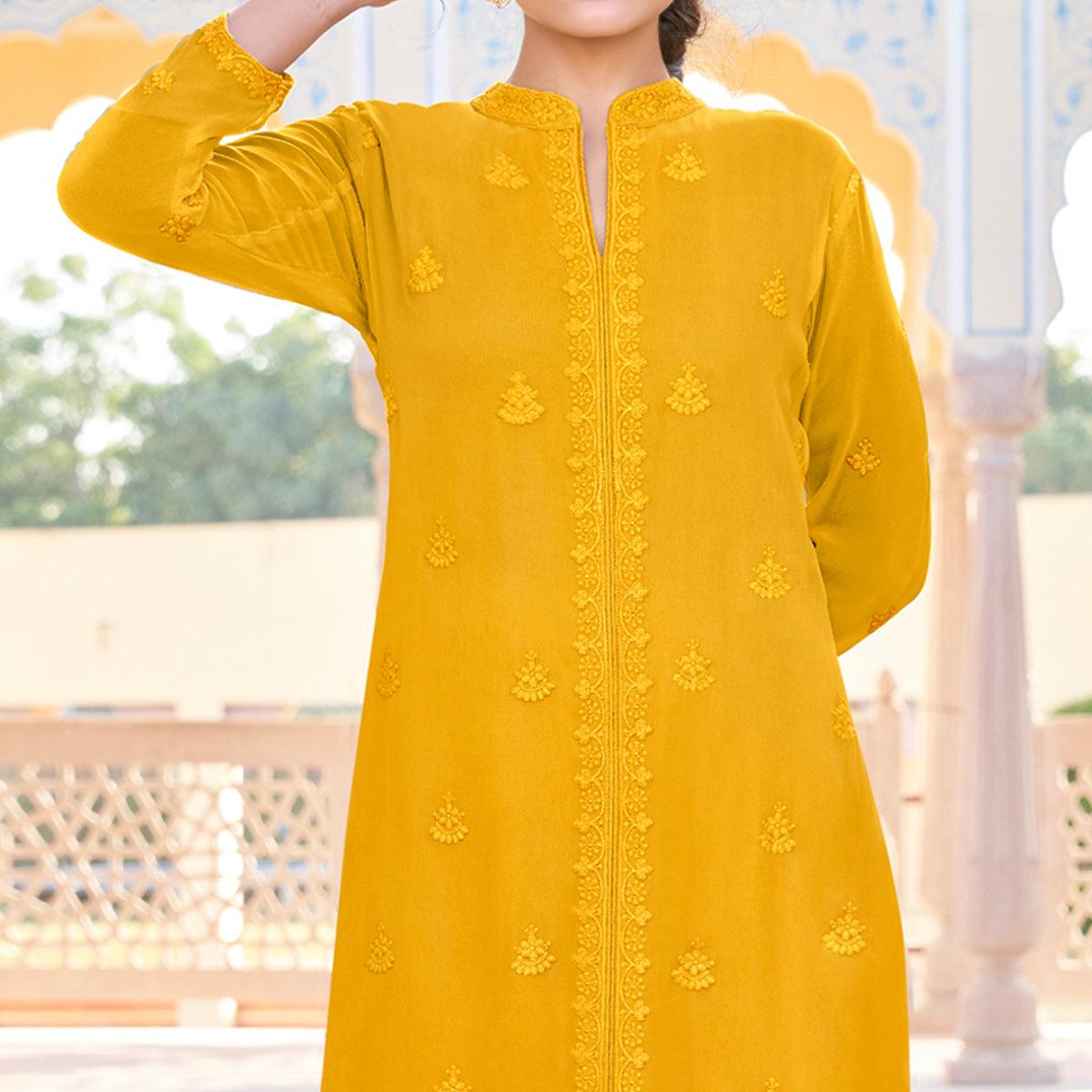 Mustard Lucknowi Embroidered Georgette Kurti Palazzo Set - Peachmode