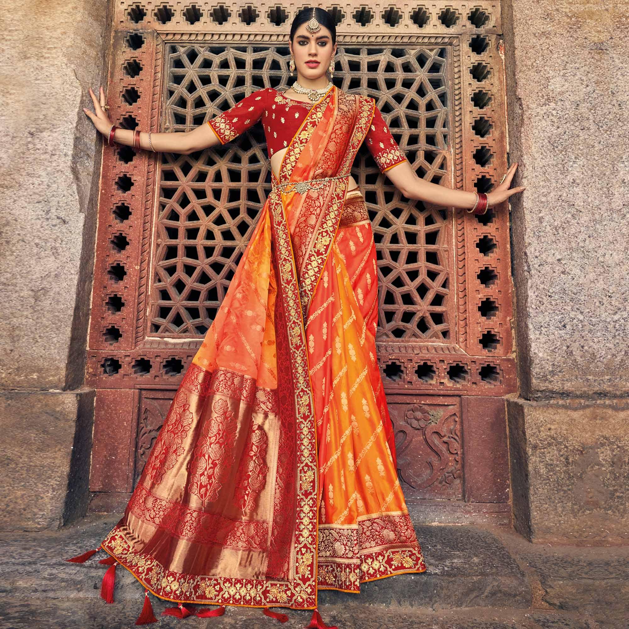Mustard-Orange Woven Banarasi Silk Saree With Tassels - Peachmode