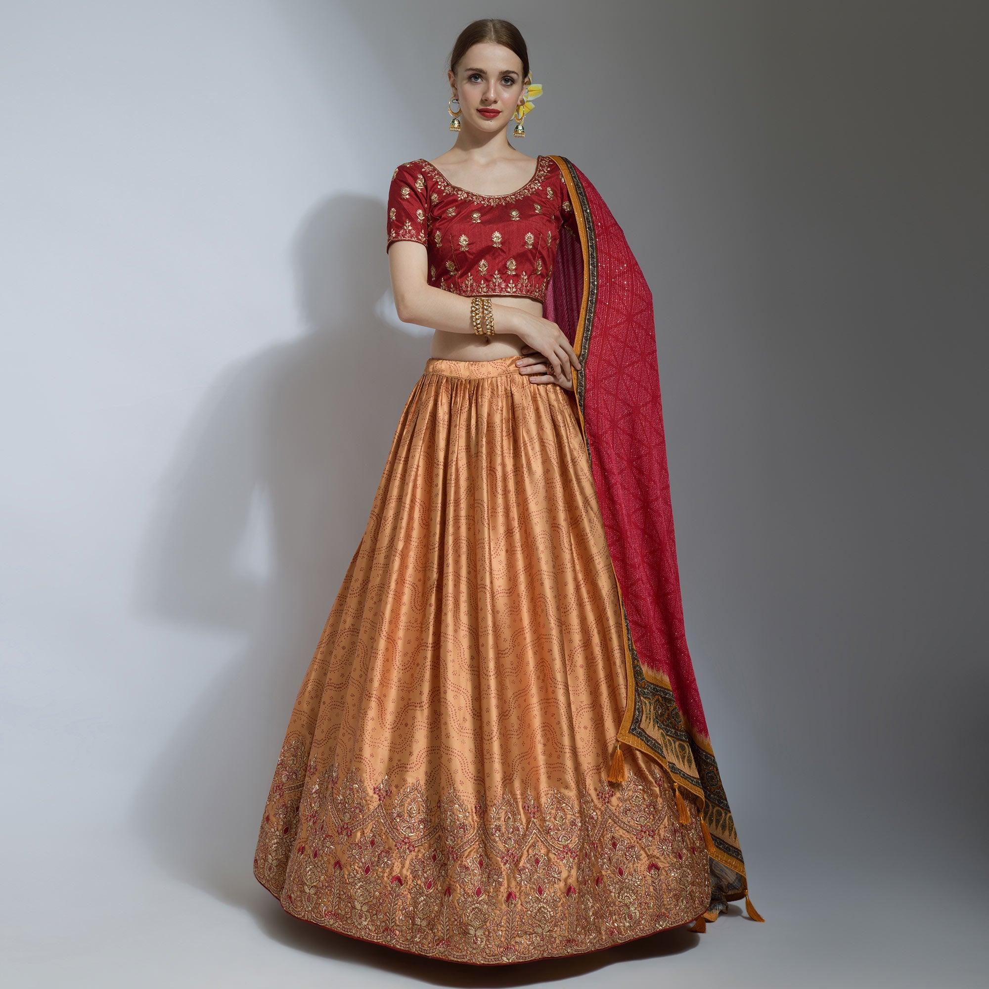 Mustard Party Wear Embroidered Satin Lehenga Choli - Peachmode