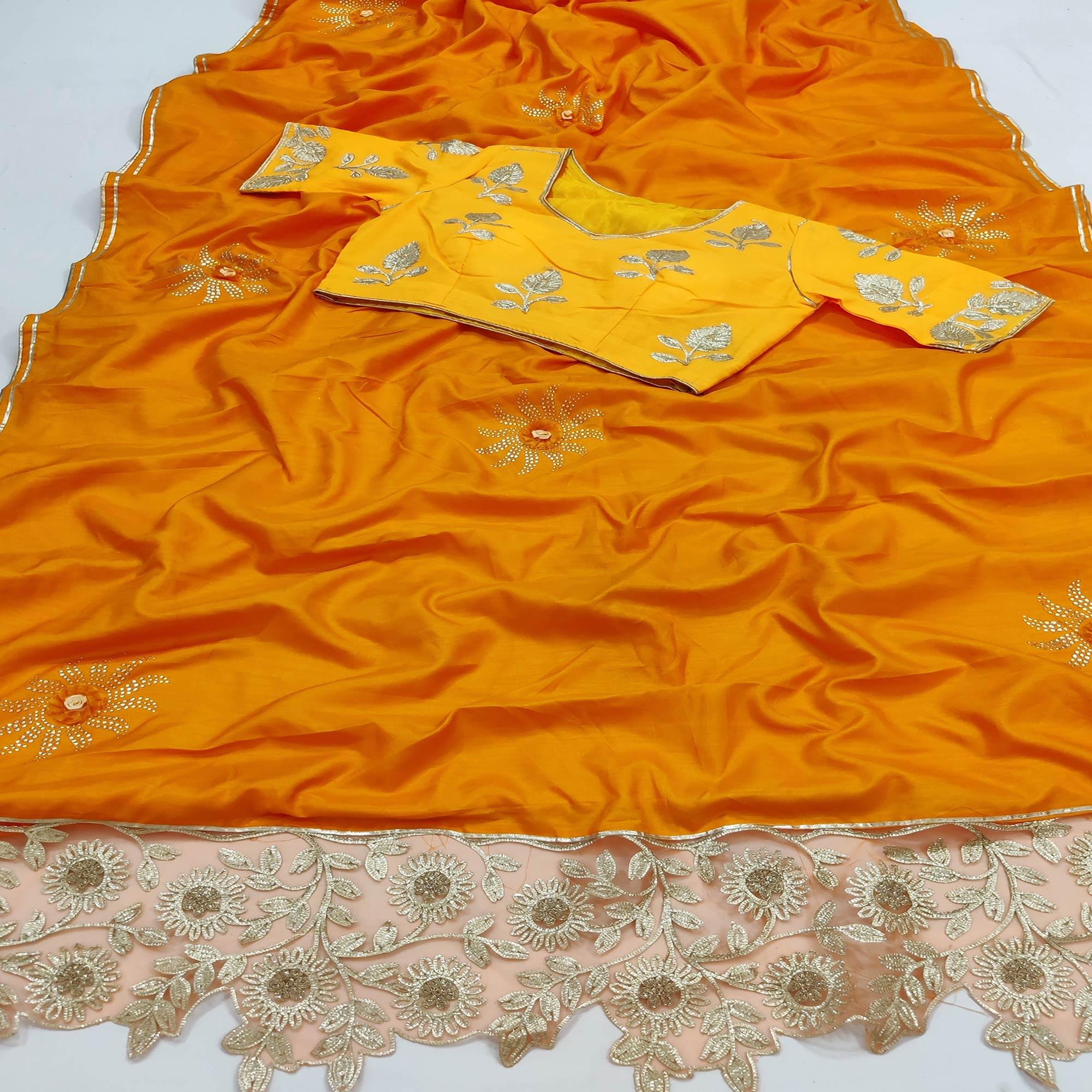 Mustard Partywear Embroidered Heavy Dola Silk Saree - Peachmode