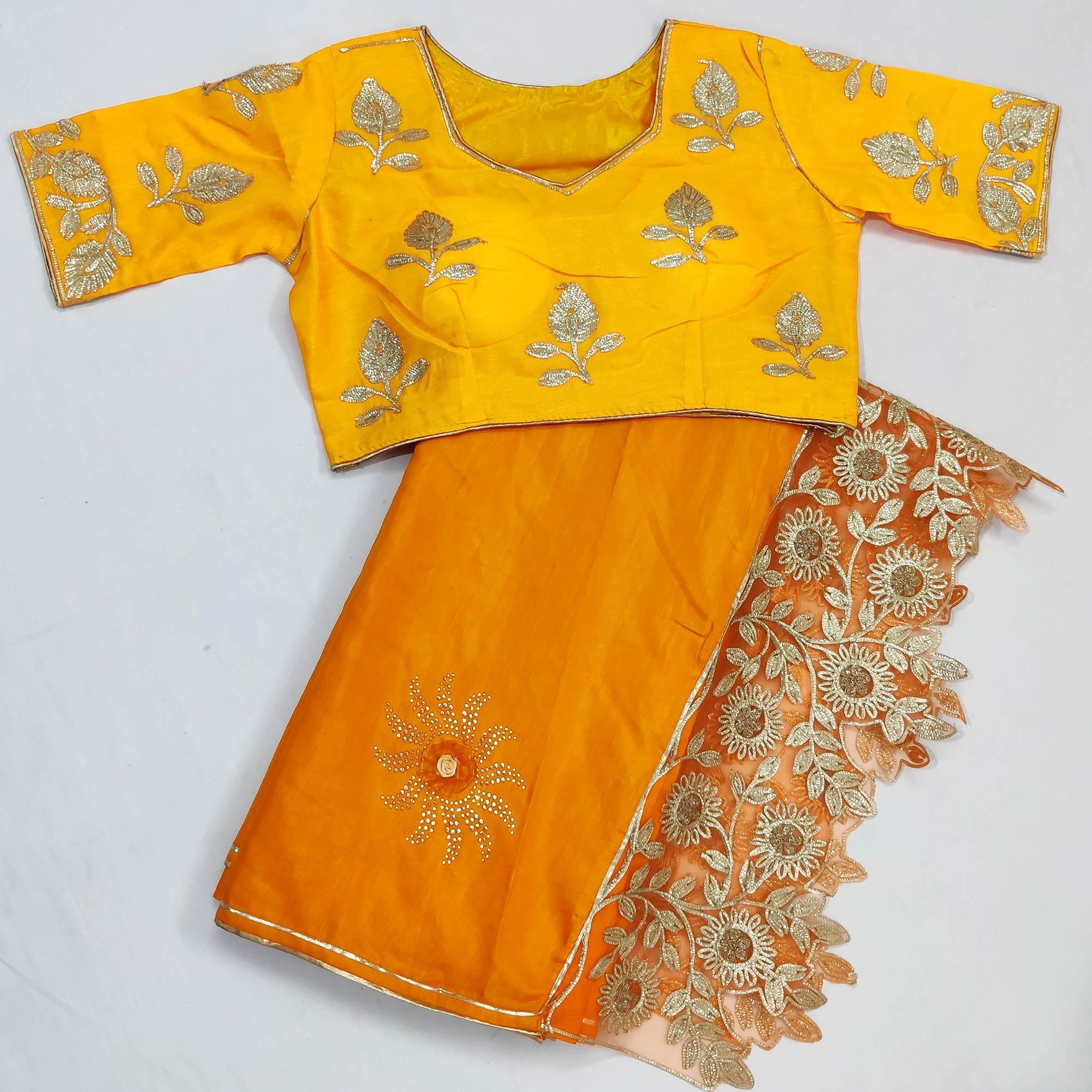 Mustard Partywear Embroidered Heavy Dola Silk Saree - Peachmode
