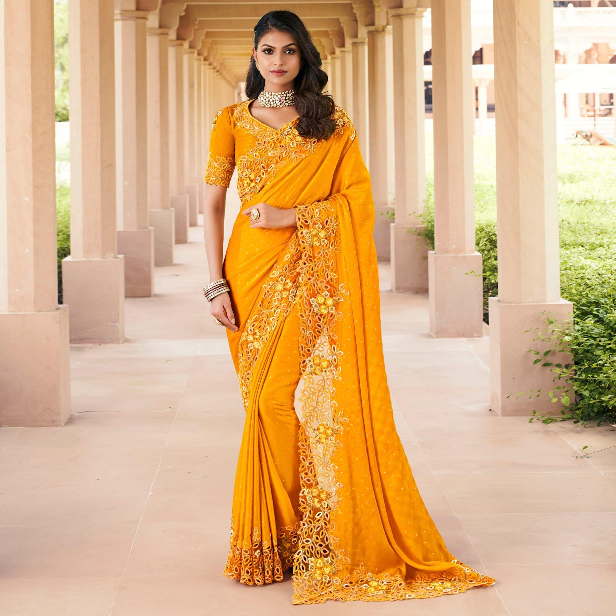 Mustard Partywear Foil & Embroidered Cut Natural Satin Saree - Peachmode