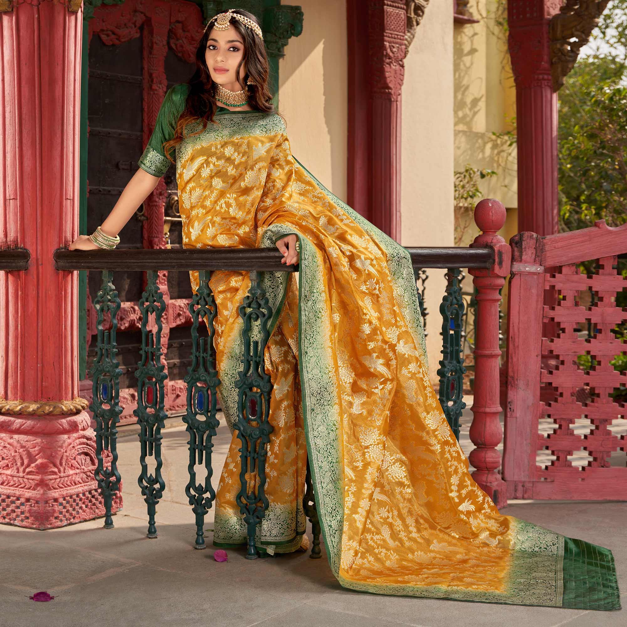 Mustard Partywear Foil Printed Silk Organza Saree - Peachmode