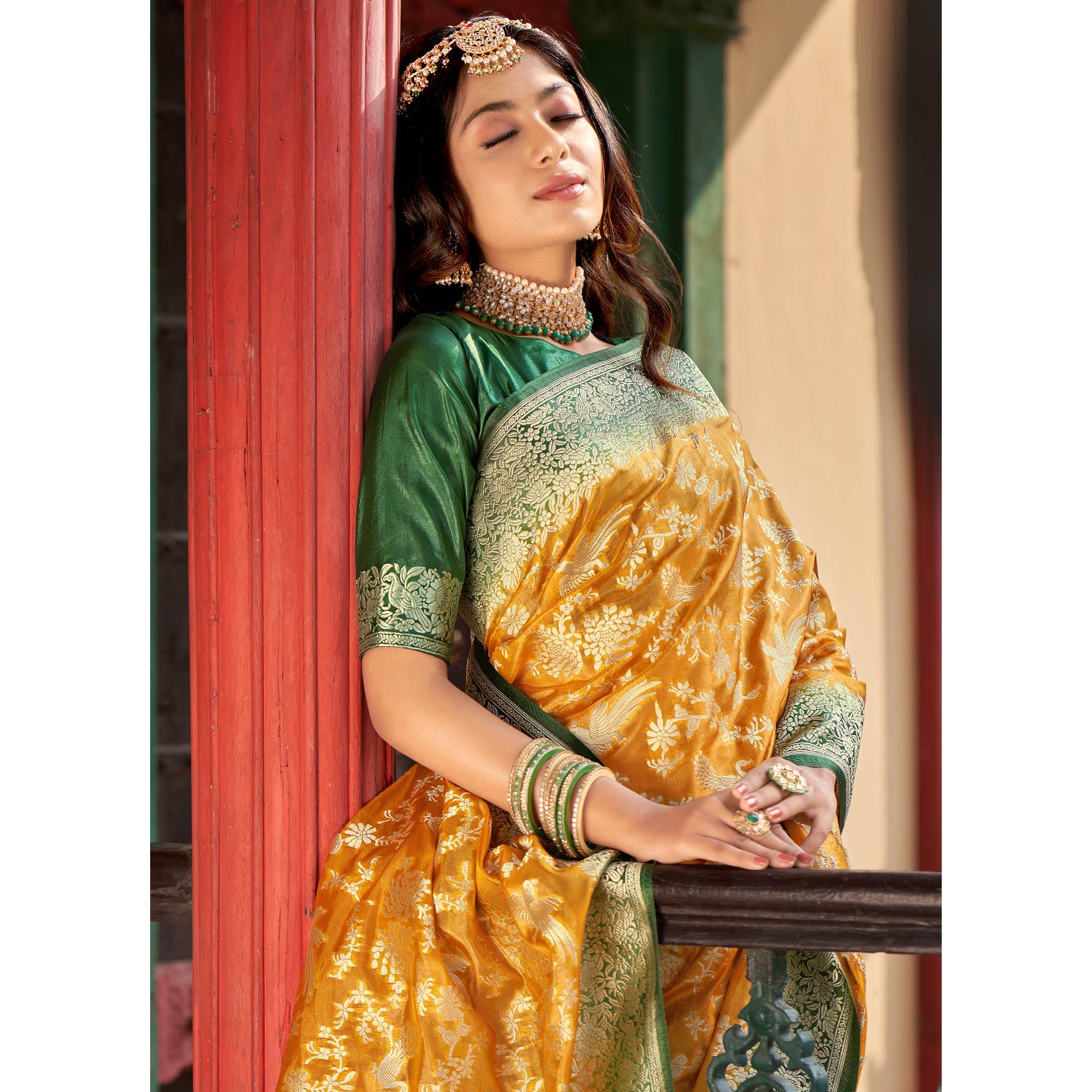 Mustard Partywear Foil Printed Silk Organza Saree - Peachmode