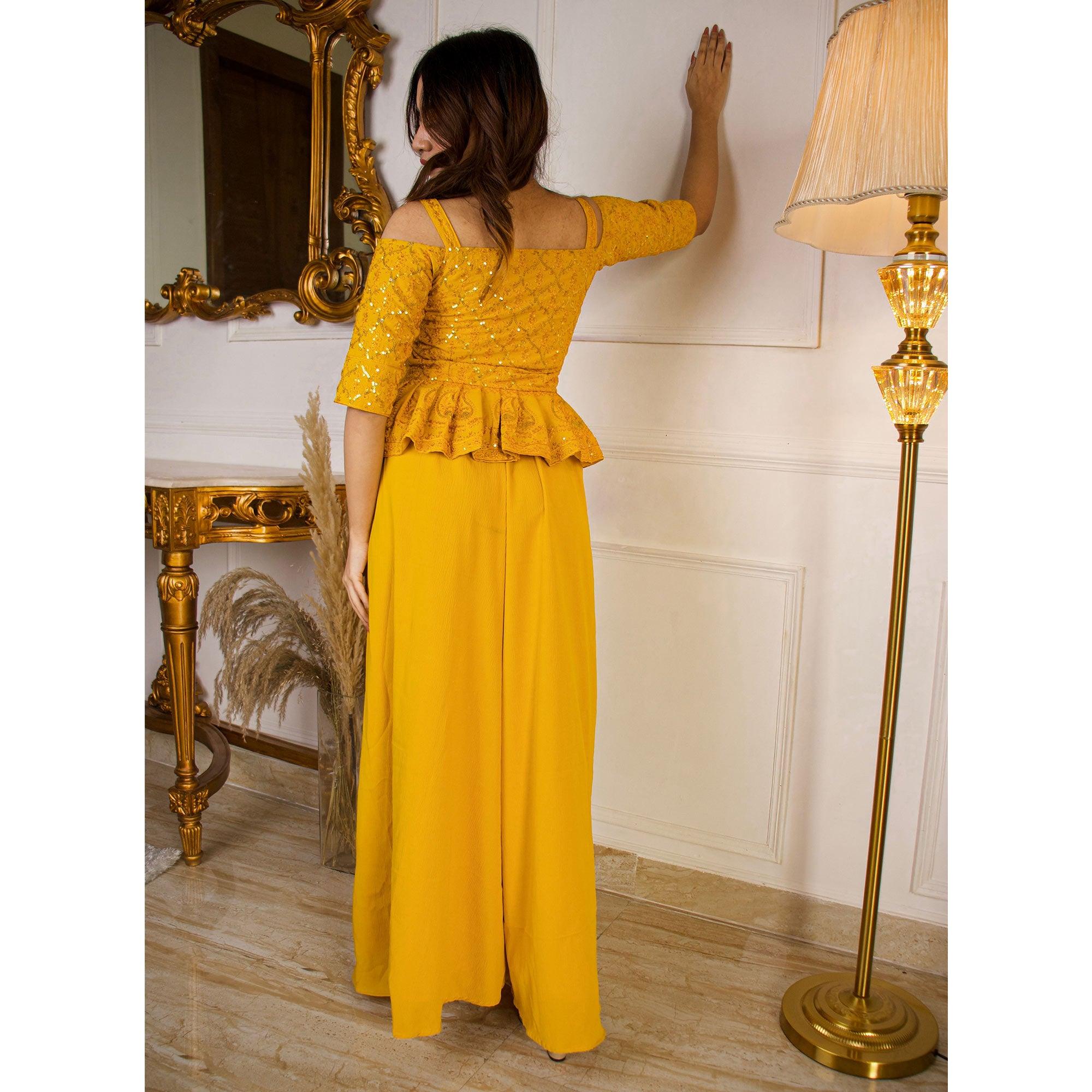 Mustard Partywear Sequence Embroidered Georgette Sharara Suit - Peachmode