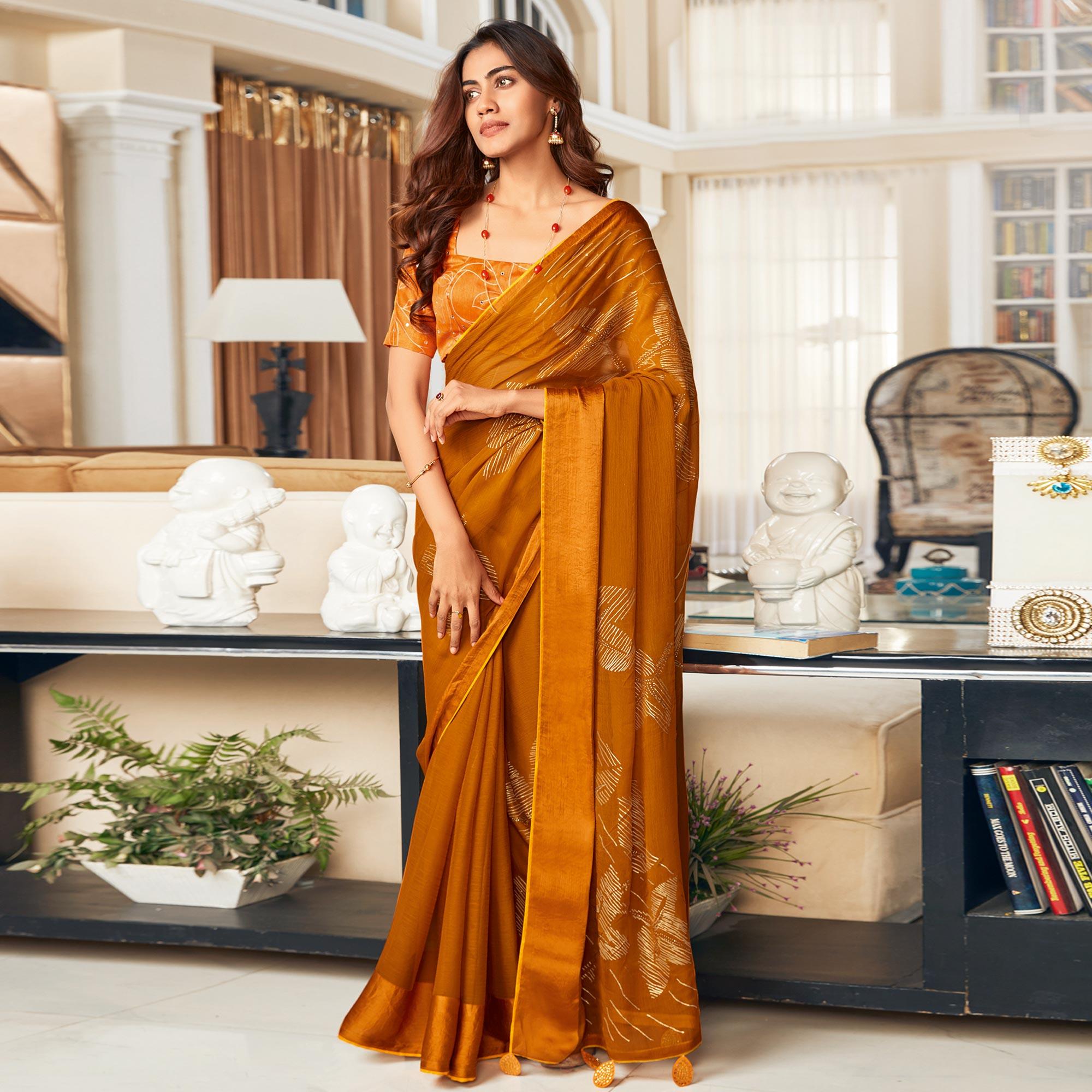 Mustard Printed Art Silk Saree With Tassels - Peachmode