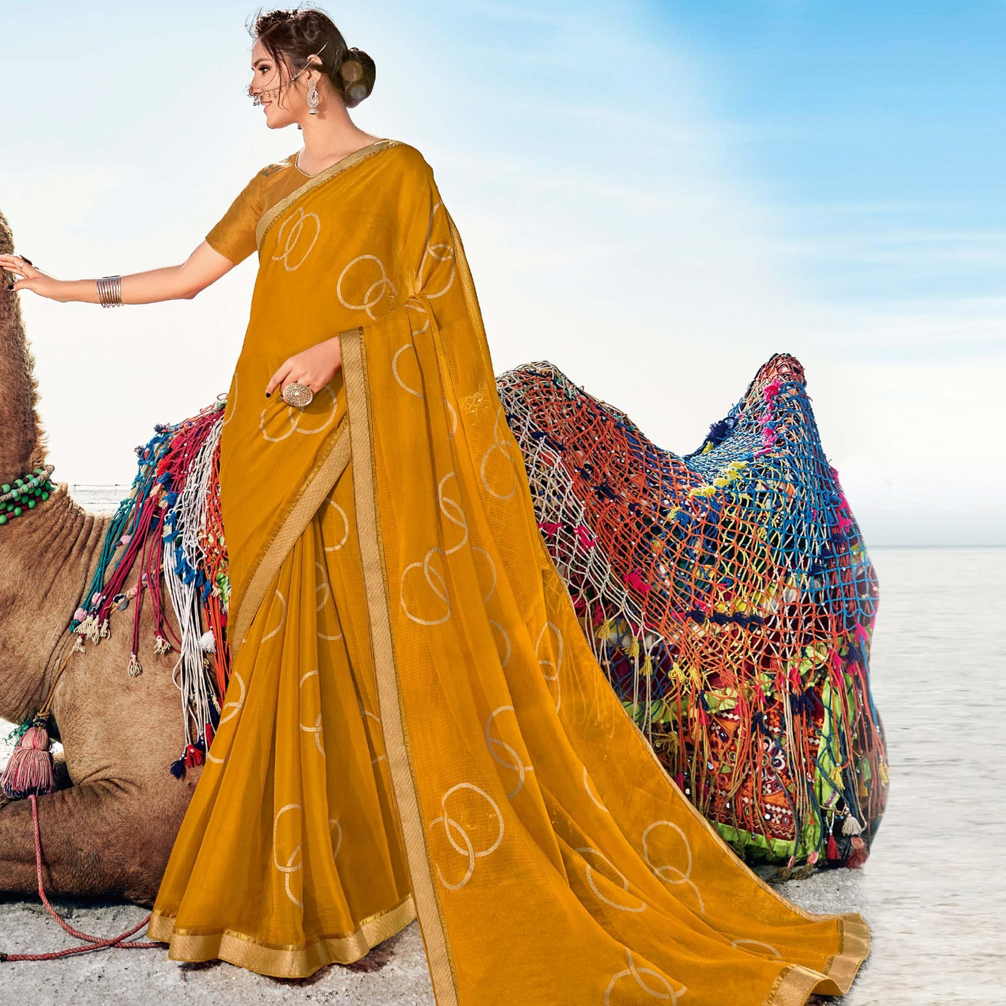 Mustard Printed Chiffon Saree - Peachmode