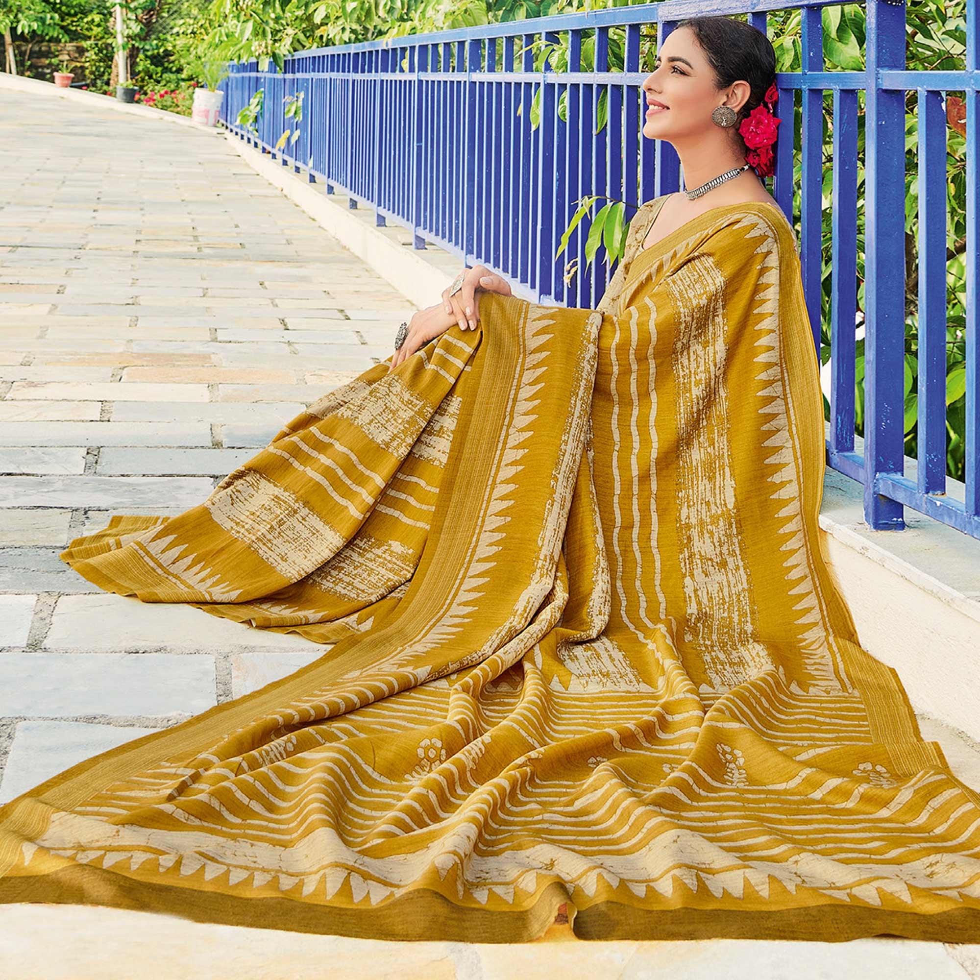 Mustard Printed Cotton Silk Saree - Peachmode