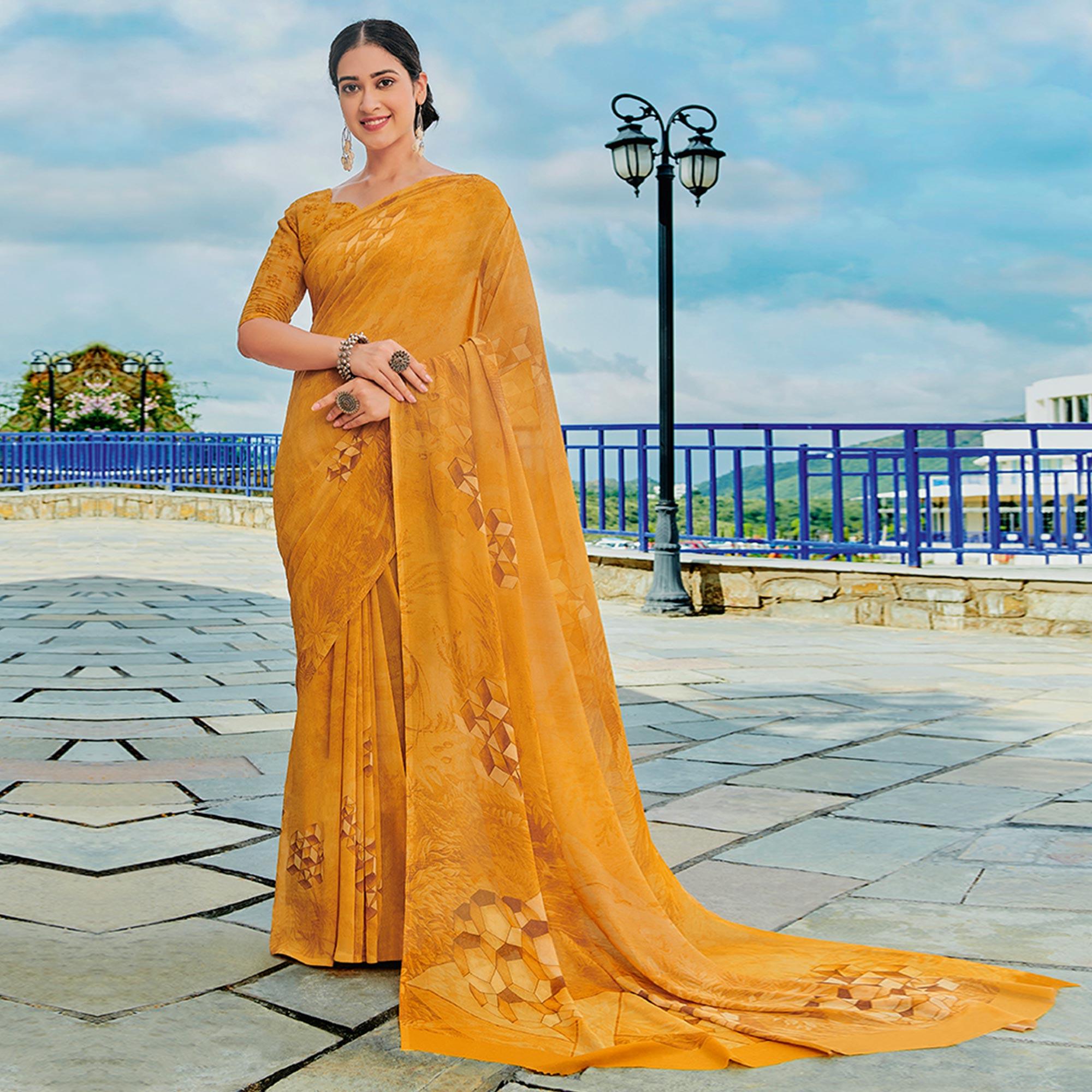Mustard Printed Georgette Saree - Peachmode