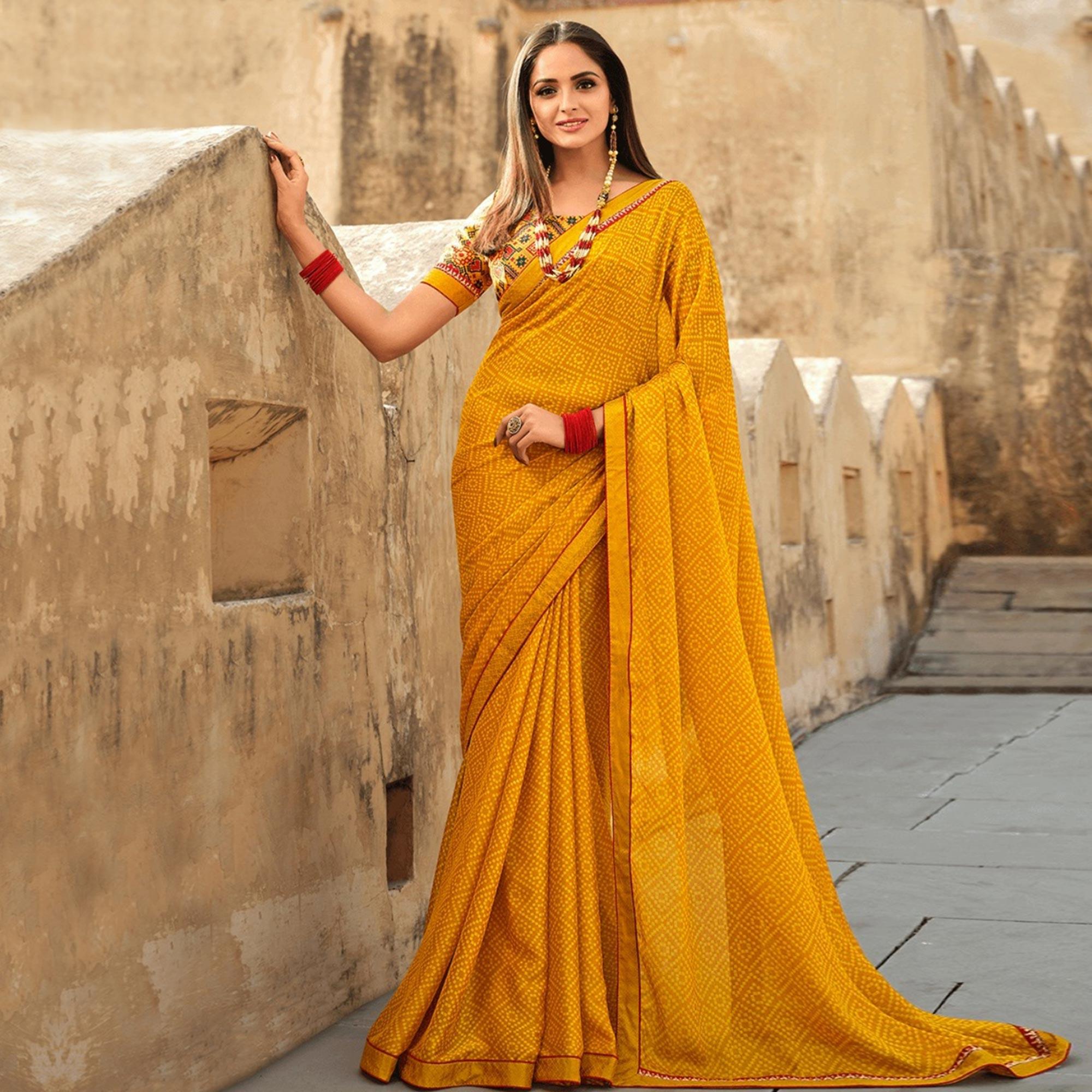 Mustard Printed Georgette Saree - Peachmode