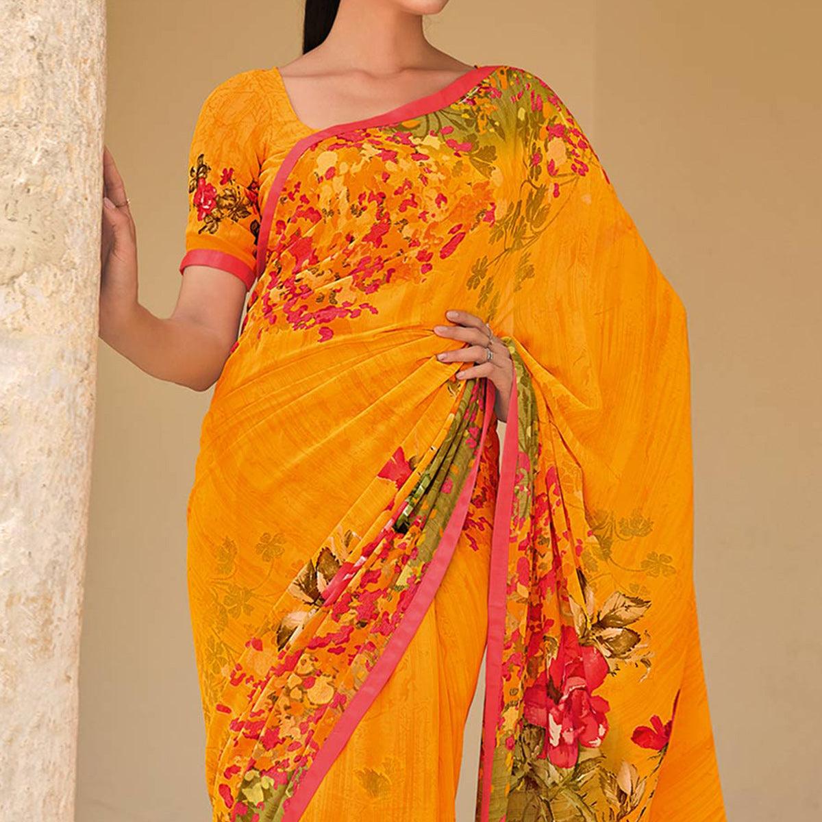 Mustard Printed Georgette Saree - Peachmode