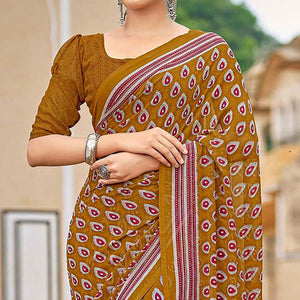 Mustard Printed Georgette Saree - Peachmode