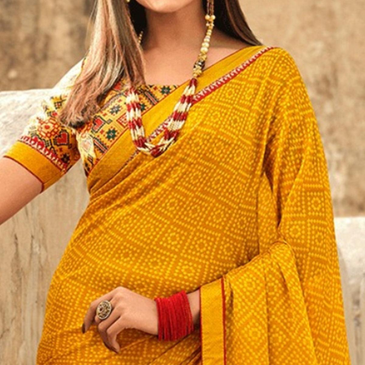 Mustard Printed Georgette Saree - Peachmode