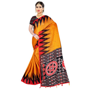 Mustard Printed Jute Saree - Peachmode