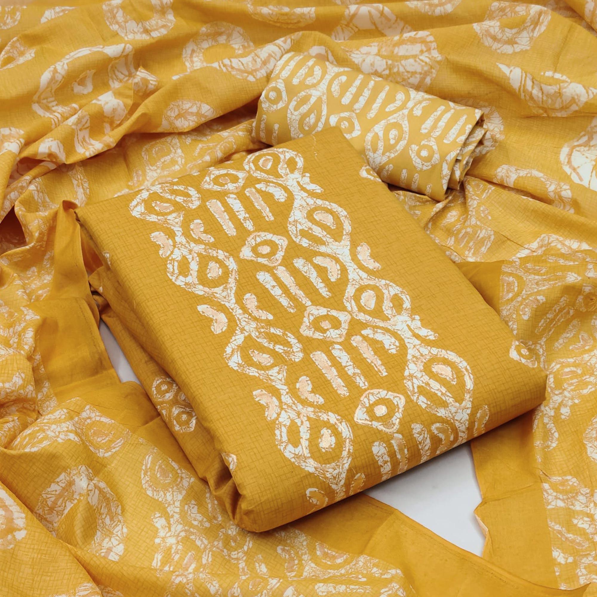 Mustard Printed Poly Cotton Dress Material - Peachmode