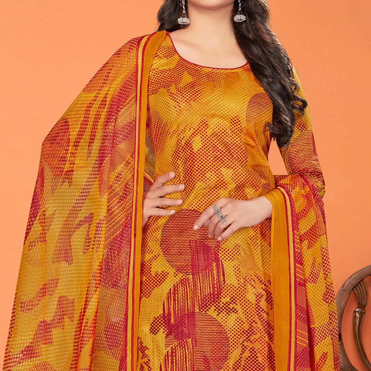 Mustard Printed Poly Cotton Dress Material - Peachmode