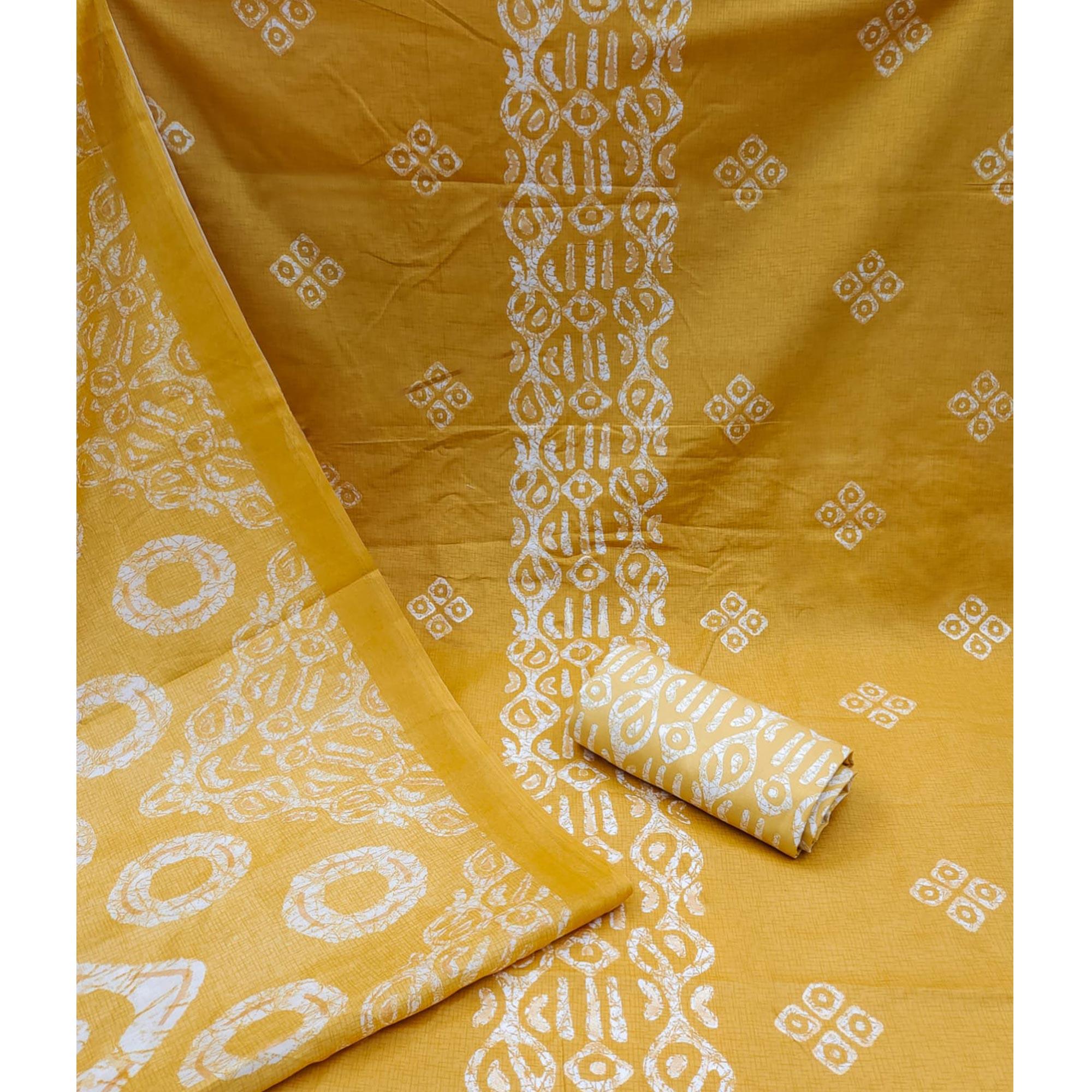 Mustard Printed Poly Cotton Dress Material - Peachmode