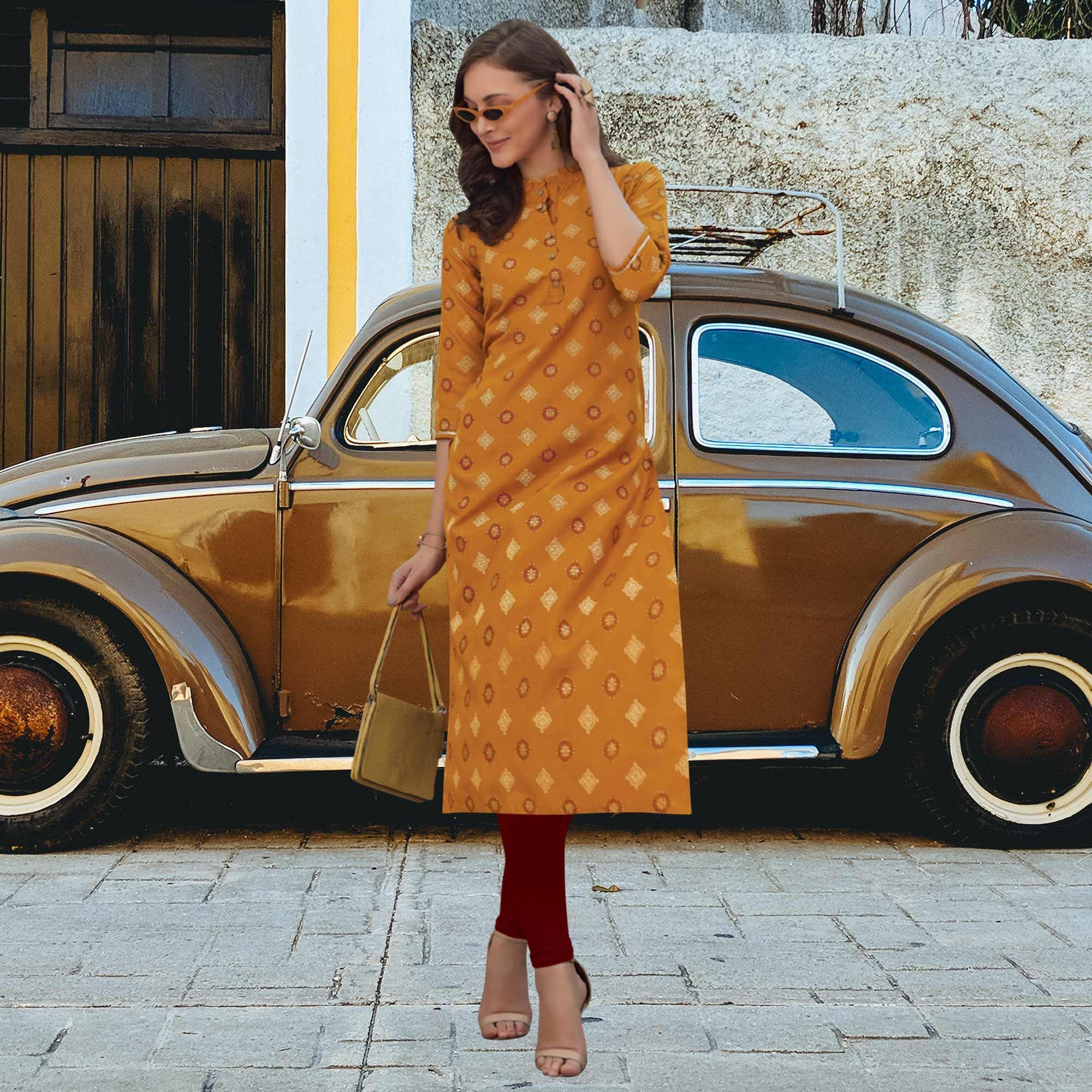 Mustard Printed Poly Cotton Kurti - Peachmode