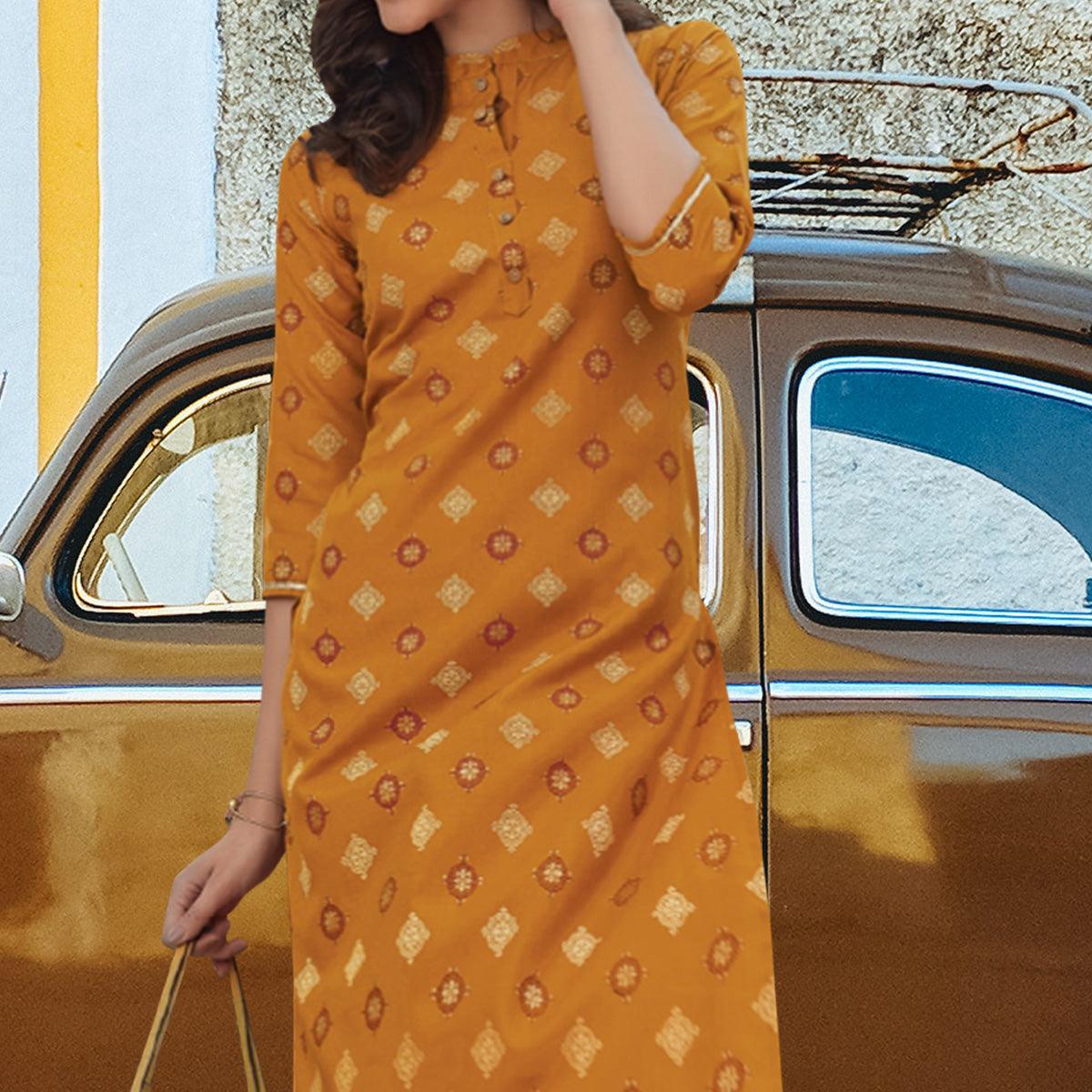 Mustard Printed Poly Cotton Kurti - Peachmode