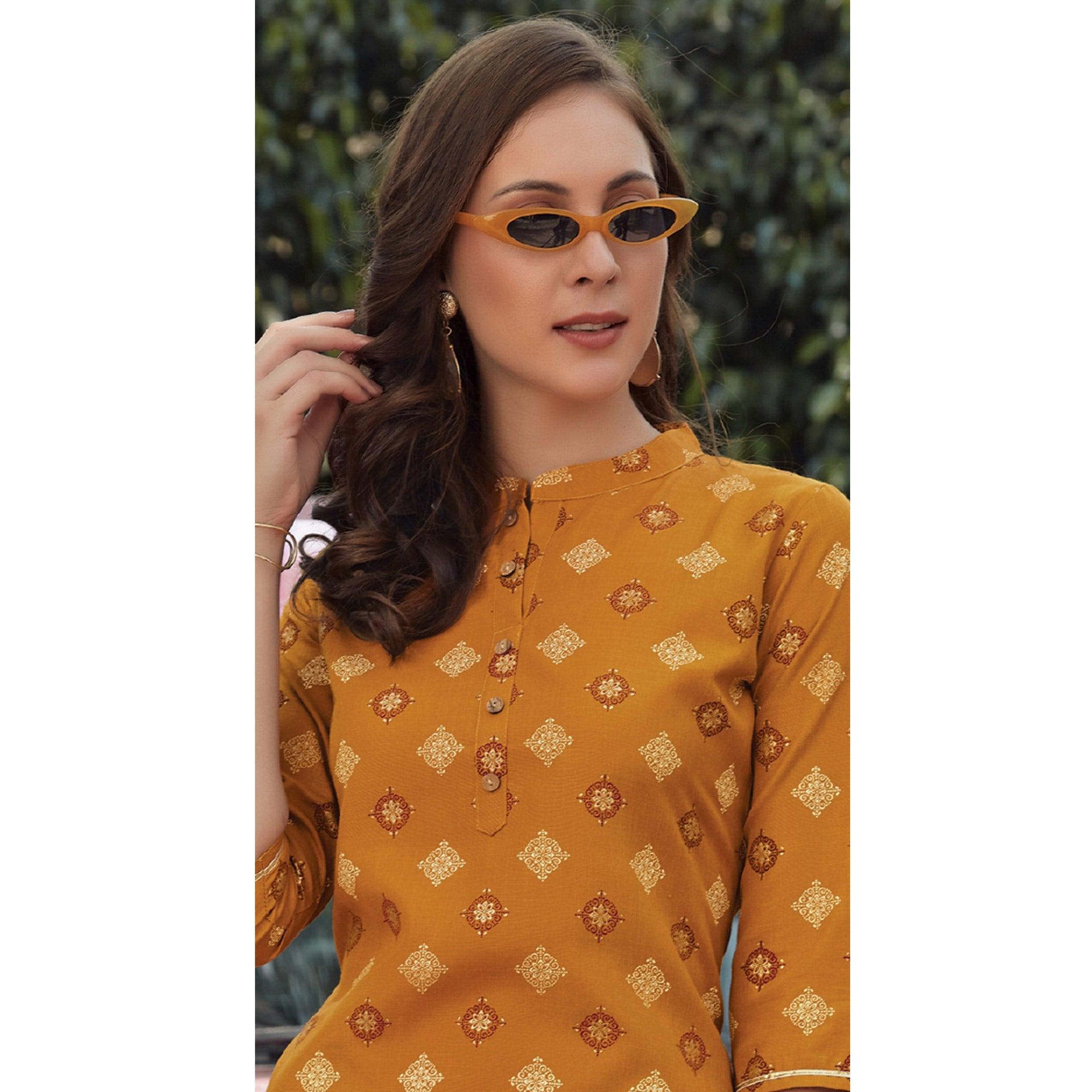 Mustard Printed Poly Cotton Kurti - Peachmode