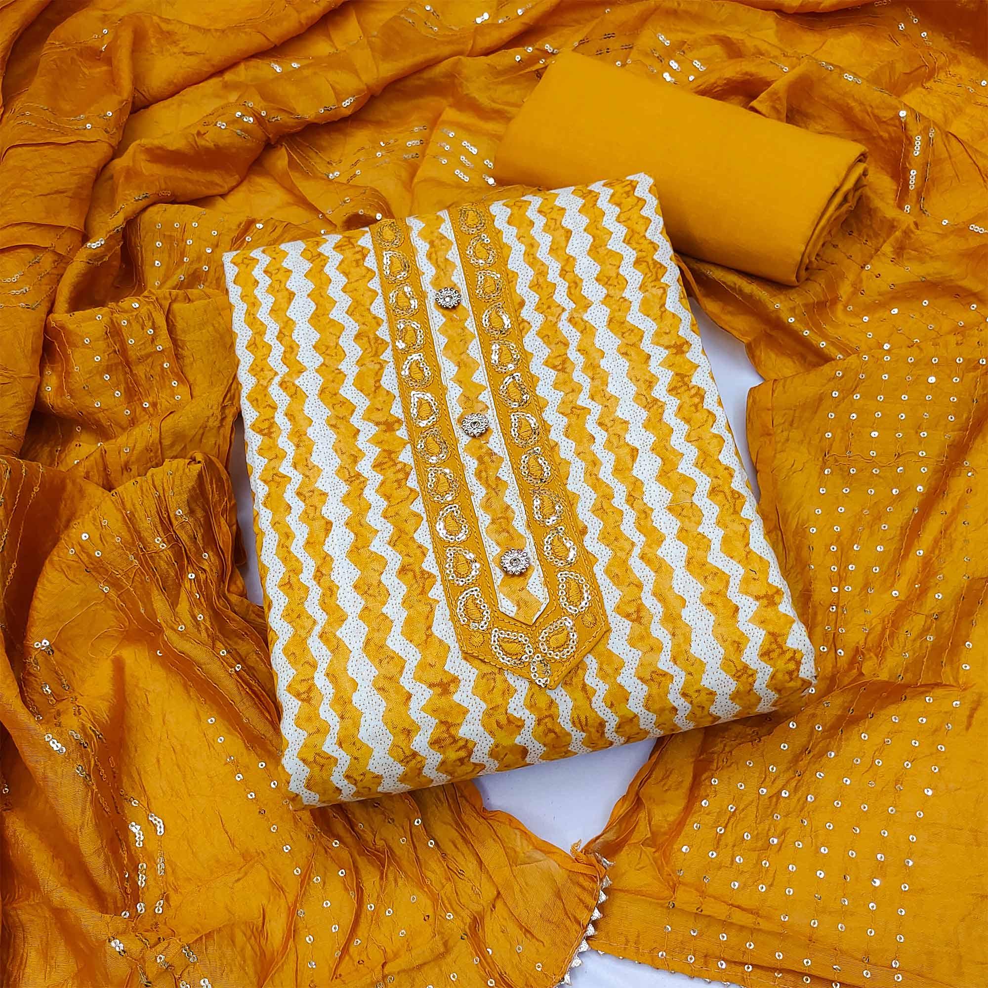 Mustard Printed Pure Cotton Dress Material - Peachmode