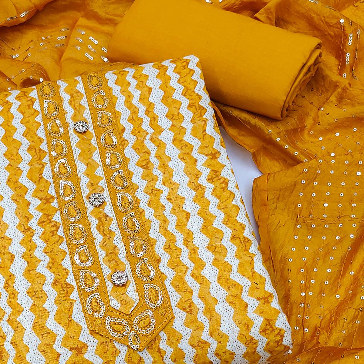 Mustard Printed Pure Cotton Dress Material - Peachmode