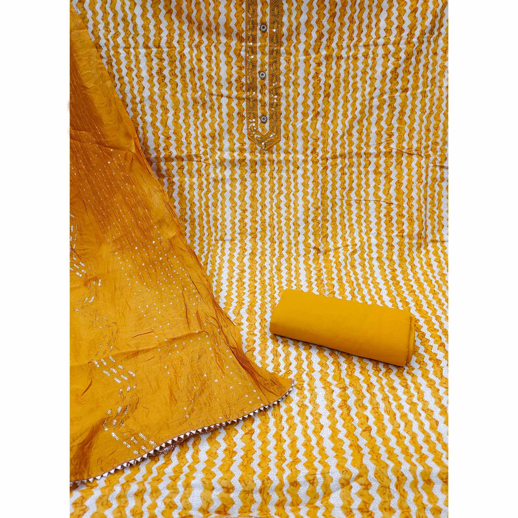Mustard Printed Pure Cotton Dress Material - Peachmode