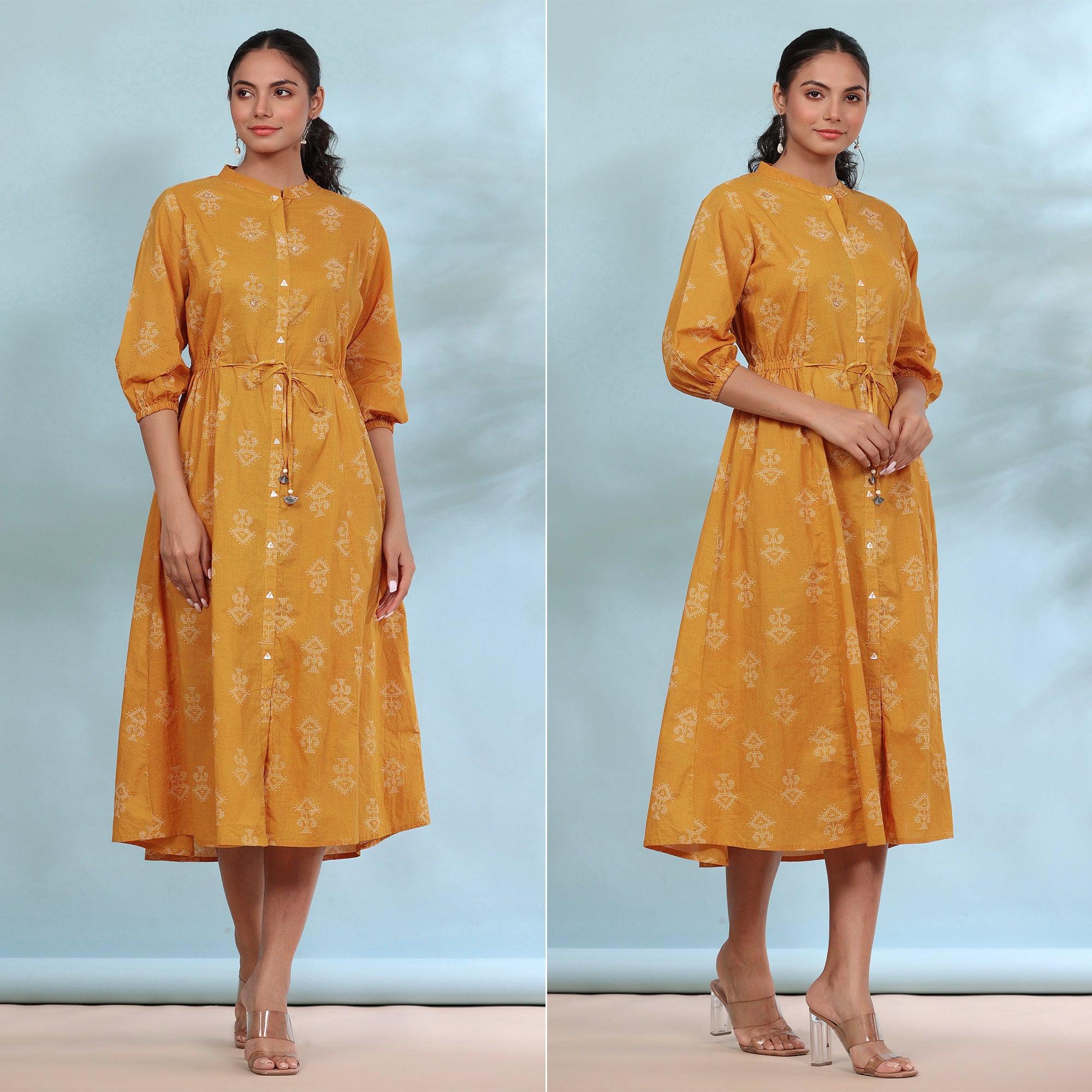 Mustard Printed Pure Cotton Dress - Peachmode