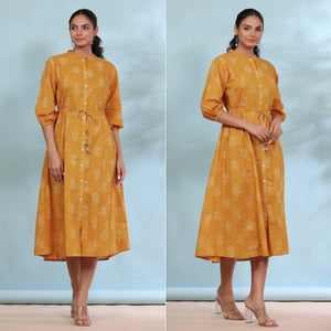 Mustard Printed Pure Cotton Dress - Peachmode