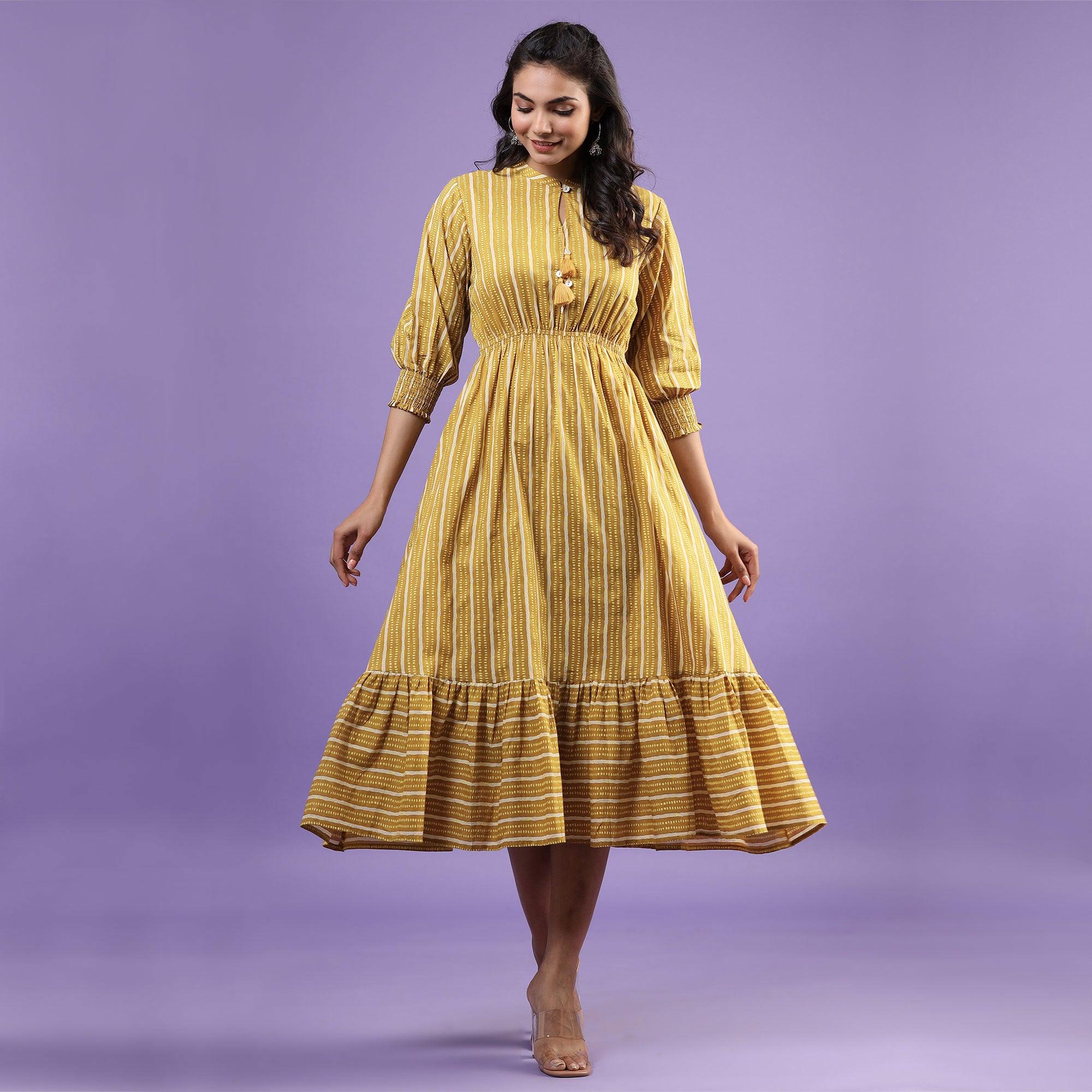 Mustard Printed Pure Cotton Dress - Peachmode