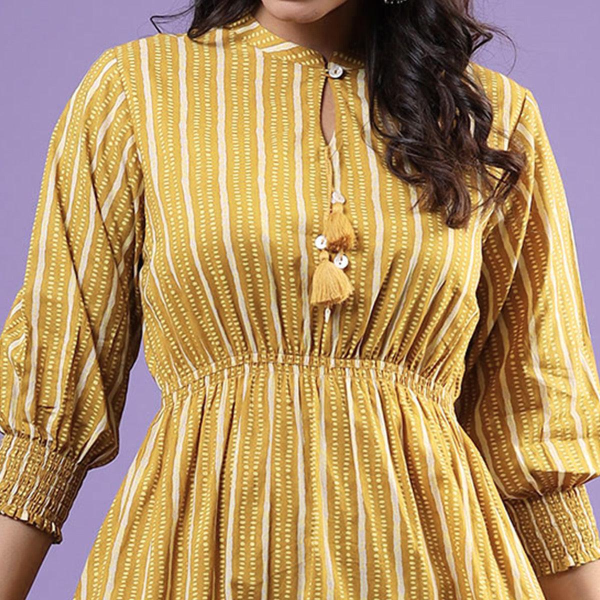 Mustard Printed Pure Cotton Dress - Peachmode