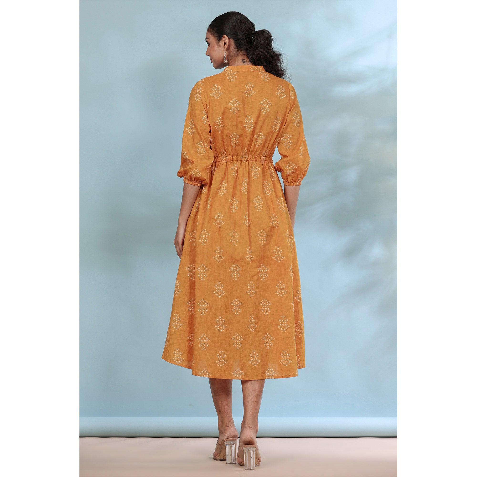 Mustard Printed Pure Cotton Dress - Peachmode