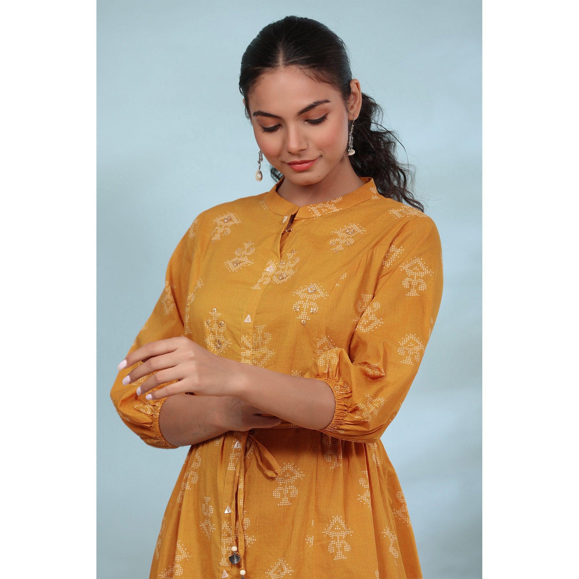 Mustard Printed Pure Cotton Dress - Peachmode