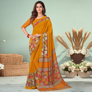 Mustard Printed Raw Silk Saree - Peachmode