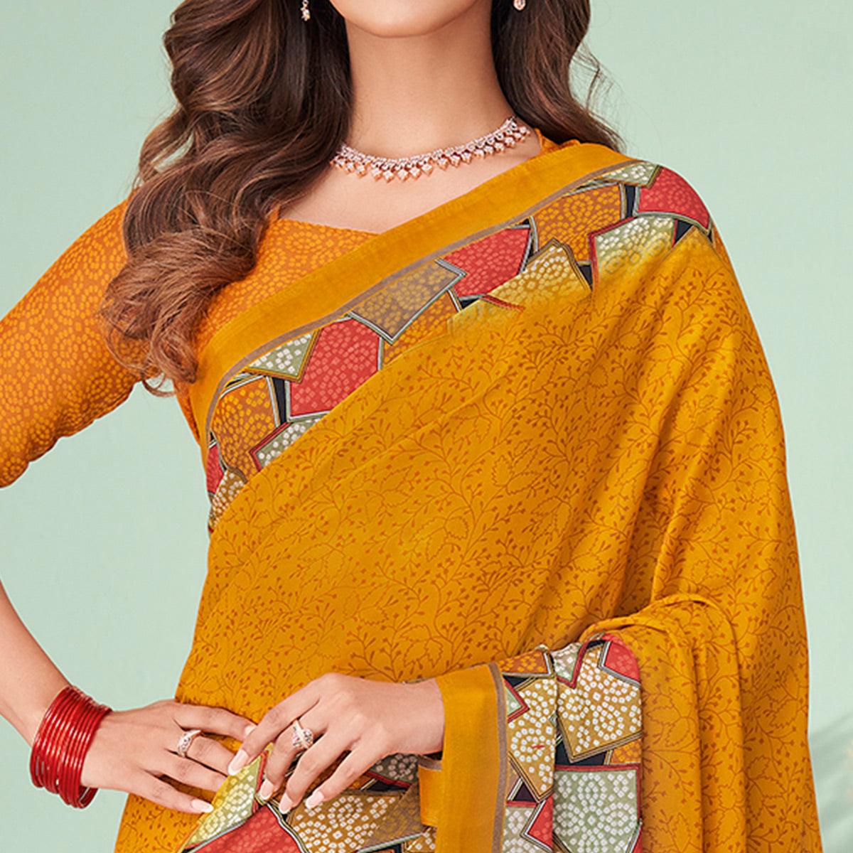 Mustard Printed Raw Silk Saree - Peachmode