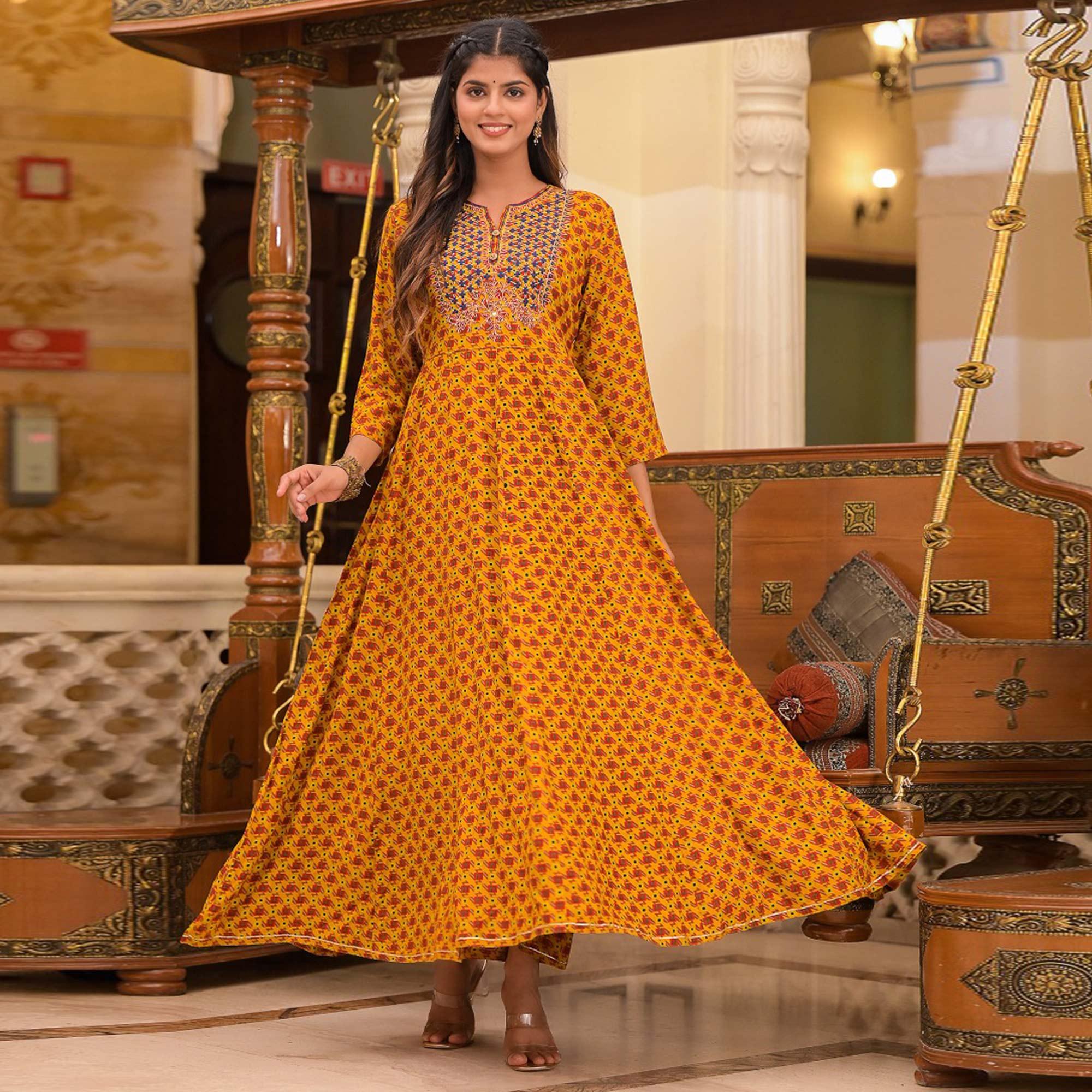 Mustard Printed Rayon Long Kurti - Peachmode
