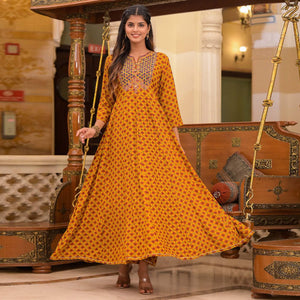 Mustard Printed Rayon Long Kurti - Peachmode