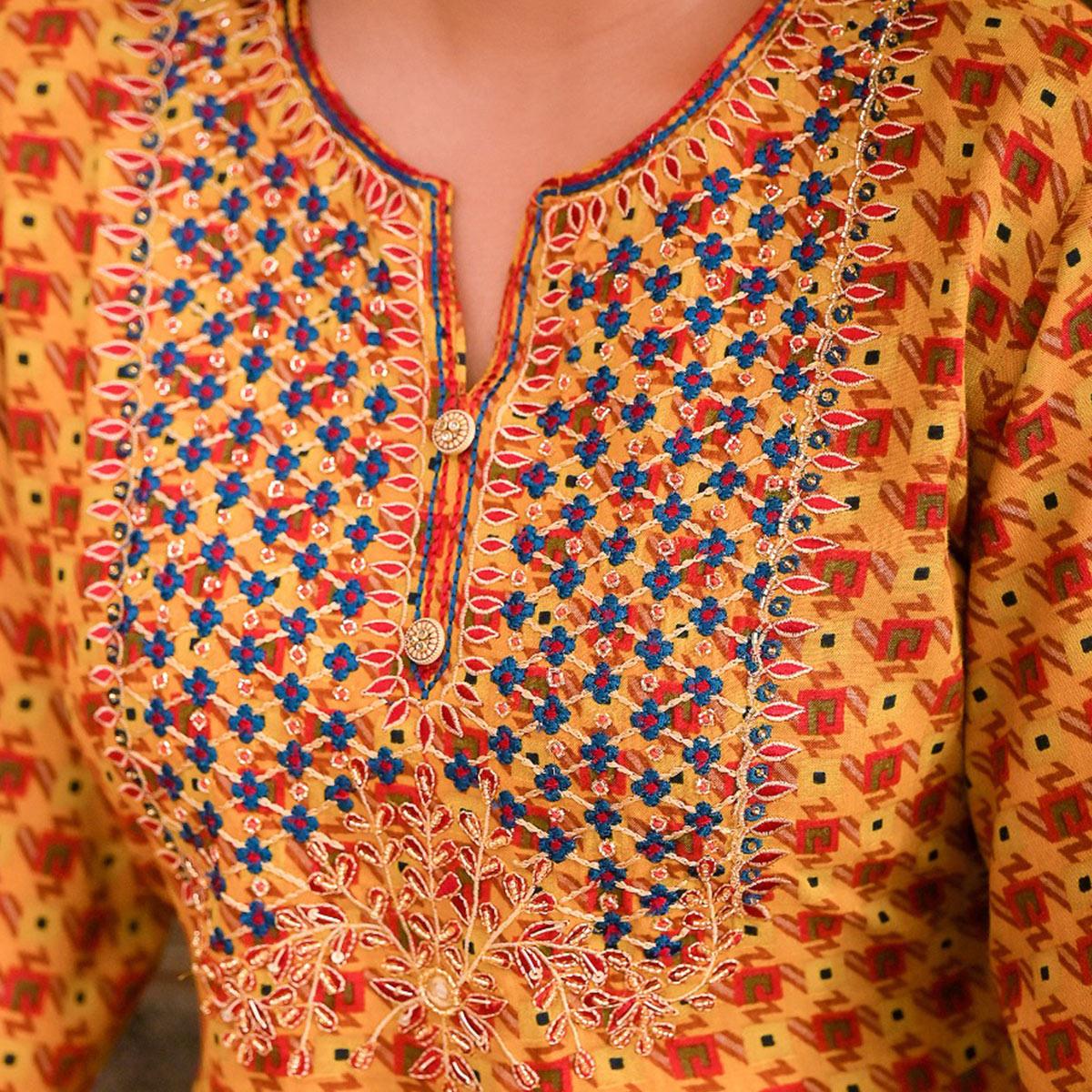 Mustard Printed Rayon Long Kurti - Peachmode